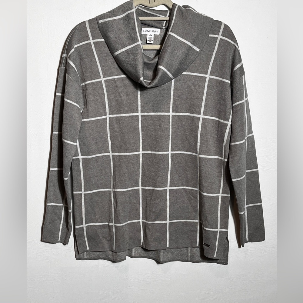 Calvin Klein Sweater Womens Small Cowl Neck Gray Windowpane Knit Pullover